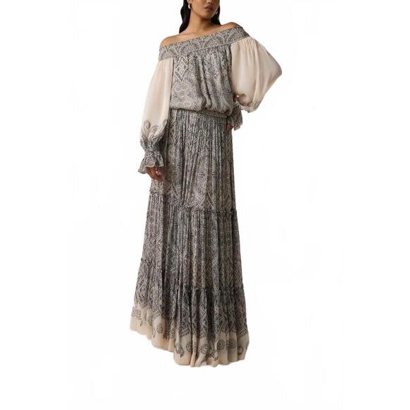 NEW HEMANT & NANDITA chavi smocked detail maxi dress in eggshell white